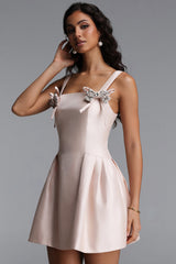 Gerianna Elegant Tailored Sleeveless Rhinestone Bow Satin Mini Dress