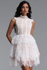 Haliya Elegant Cinched Sleeveless Ruffle Floral Lace Mini Dress