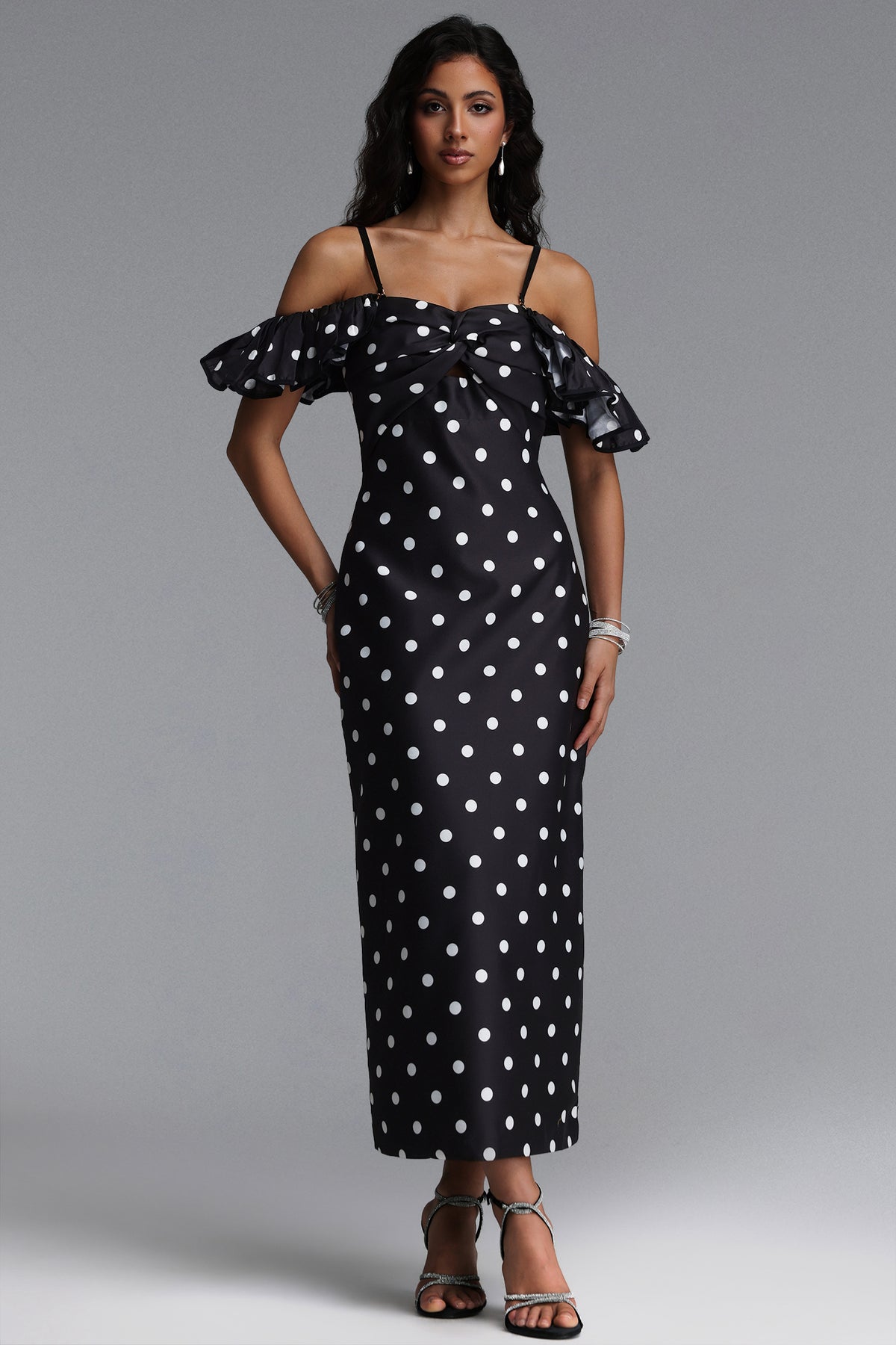 Gilian Classic Tailored Off Shoulder Ruffle Polka Dot Woven Maxi Dress