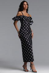 Gilian Classic Tailored Off Shoulder Ruffle Polka Dot Woven Maxi Dress