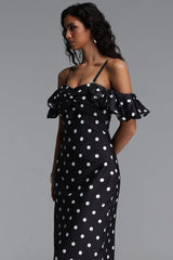 Gilian Classic Tailored Off Shoulder Ruffle Polka Dot Woven Maxi Dress