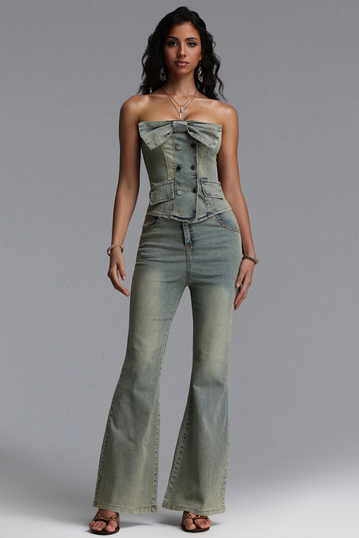 Paca Chic Contour Bow Denim Top And Pant Two Piece Set
