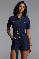 Morwenna Classic Tailored Short Sleeve Denim Mini Jumpsuit