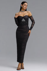 Unica Slim Fit Off Shoulder Long Sleeve Mesh Heart Rhinestone Ruched Bandage Top and Skirt Set