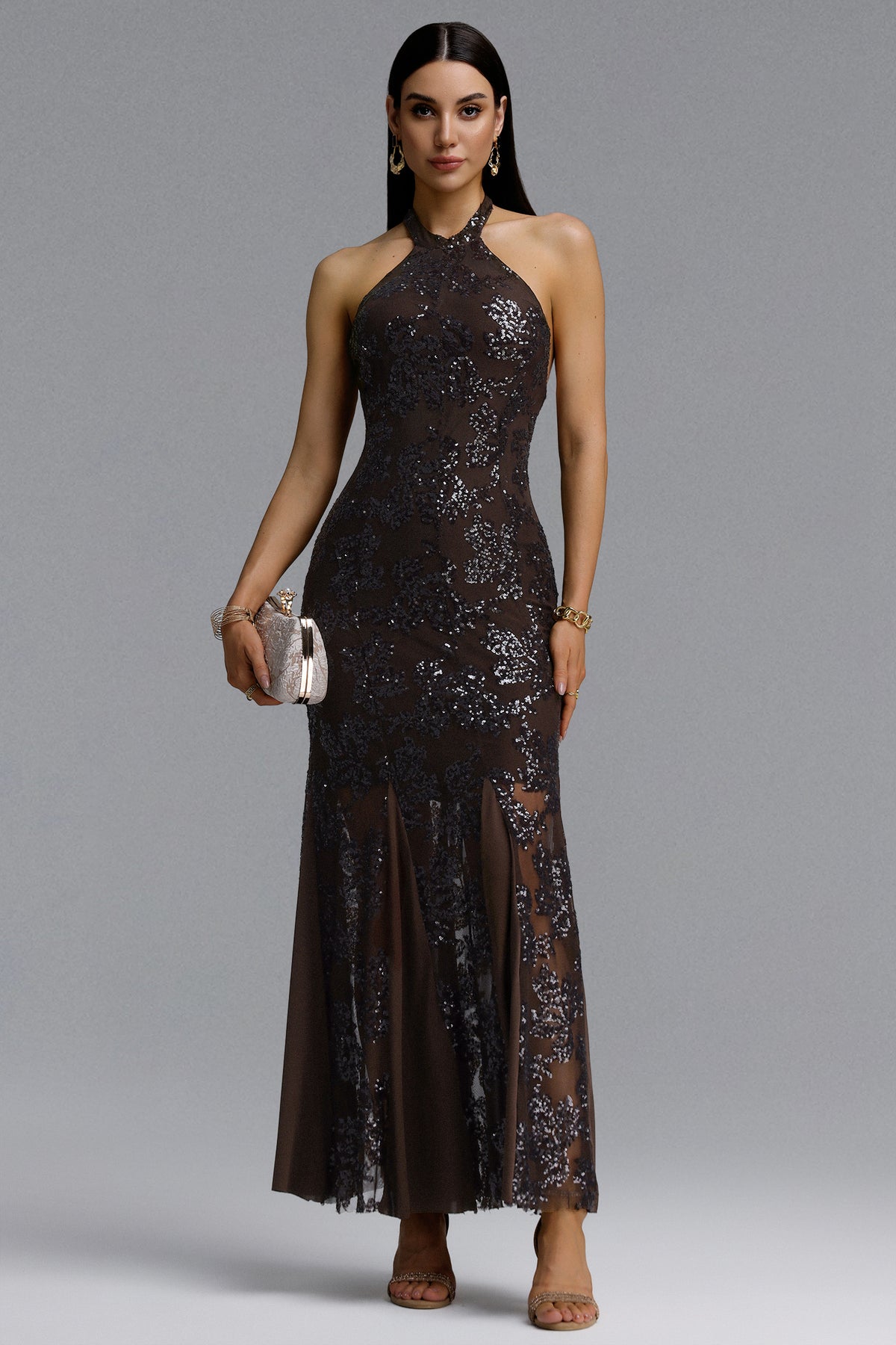 Yuhie Luxurious Contour Halter Open Back Floral Sequin Midi Dress