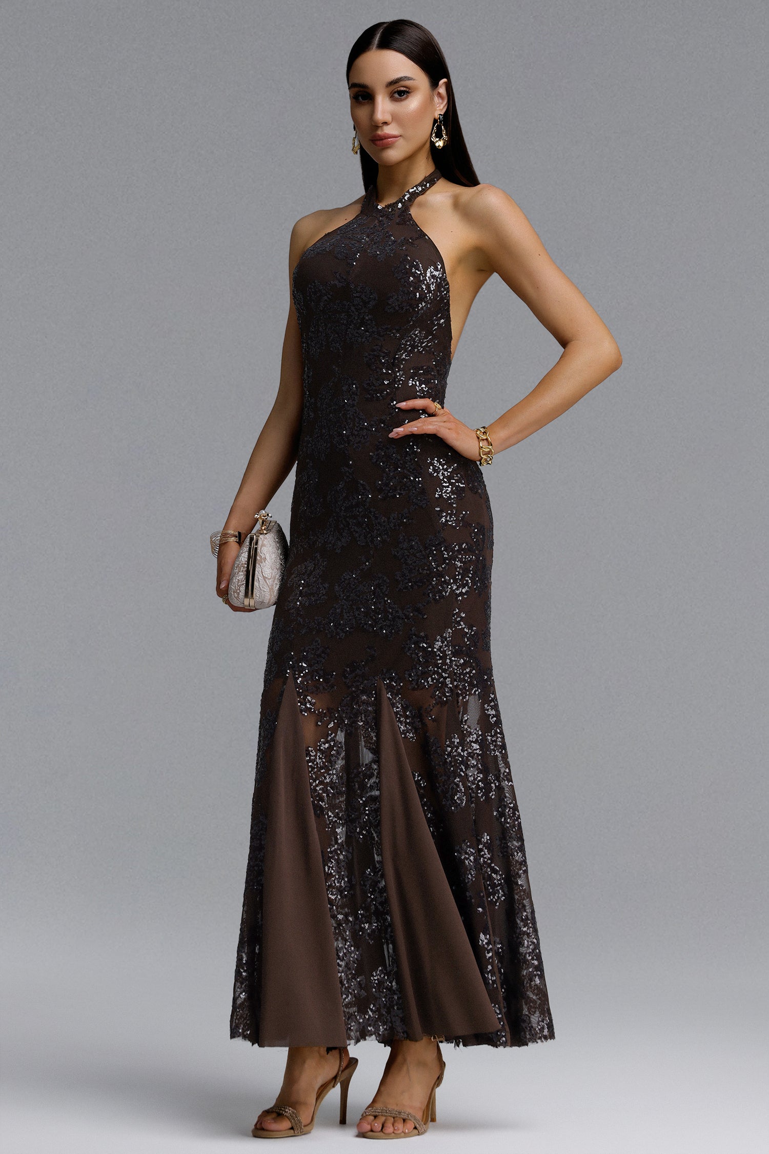 Yuhie Luxurious Contour Halter Open Back Floral Sequin Midi Dress