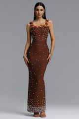 Shea Elegant Contour Square Neck Floral Pearl Bandage Brown Maxi Dress