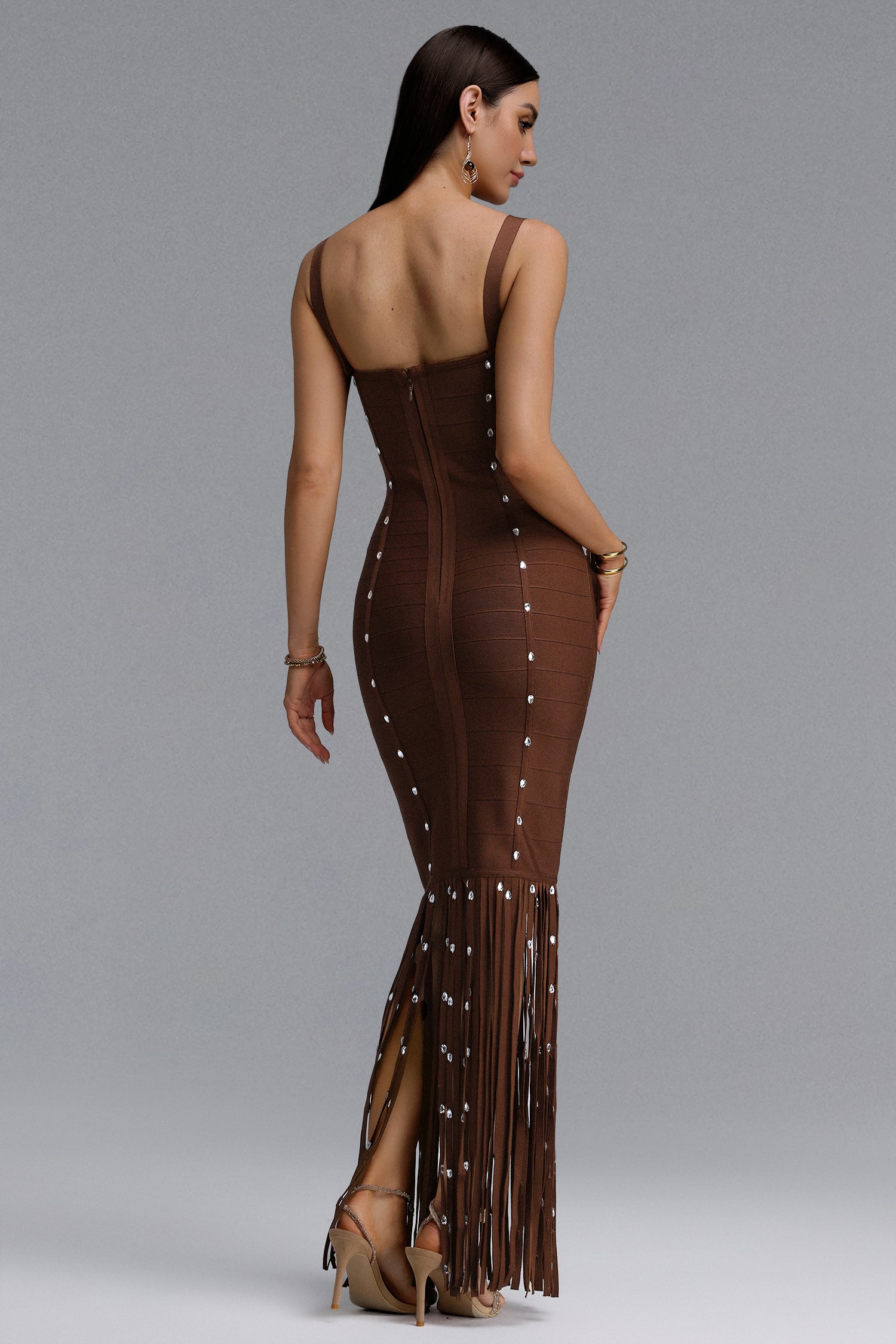 Leah Sleeveless Diamond Tassel Bandage Brown Maxi Dress