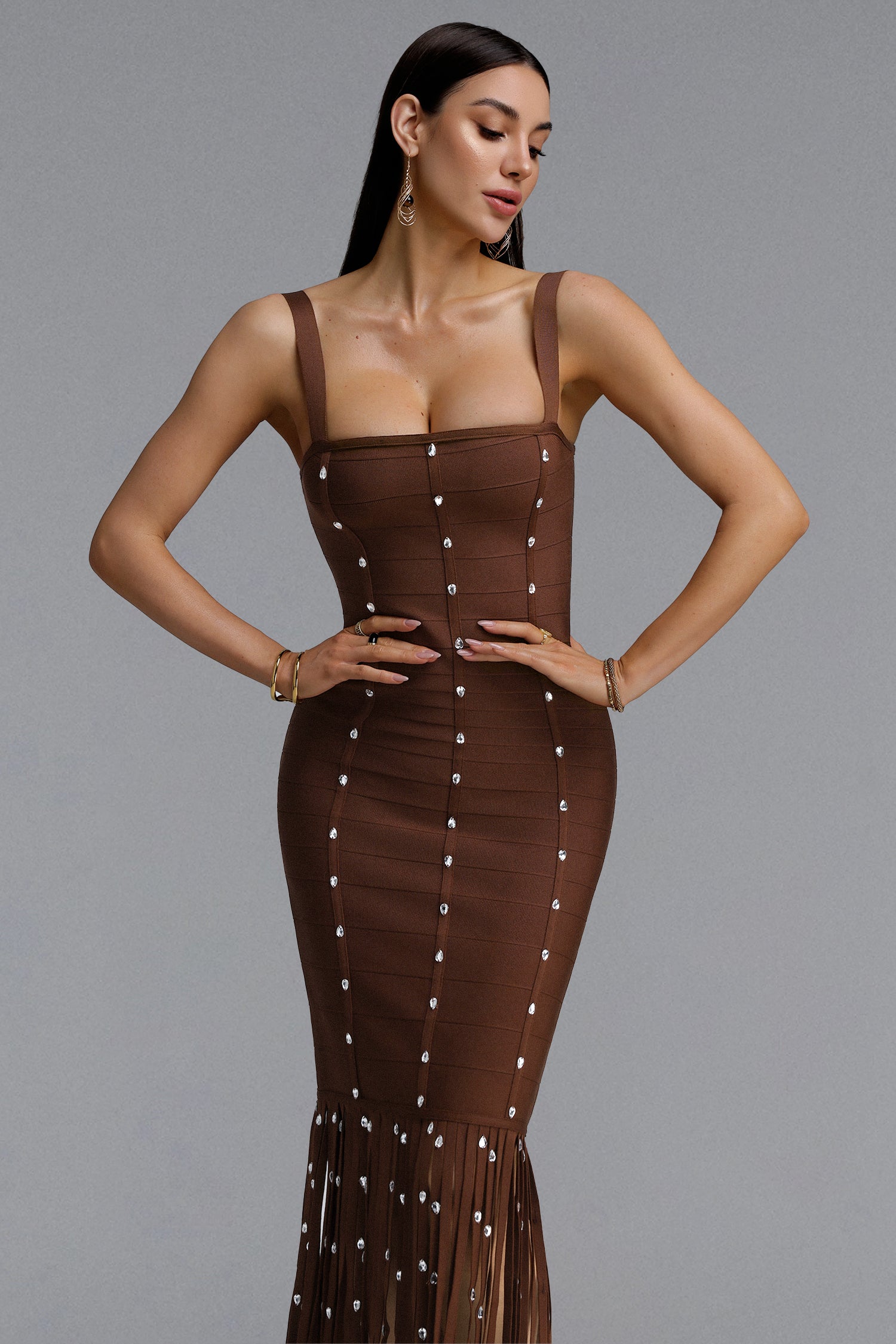 Leah Sleeveless Diamond Tassel Bandage Brown Maxi Dress
