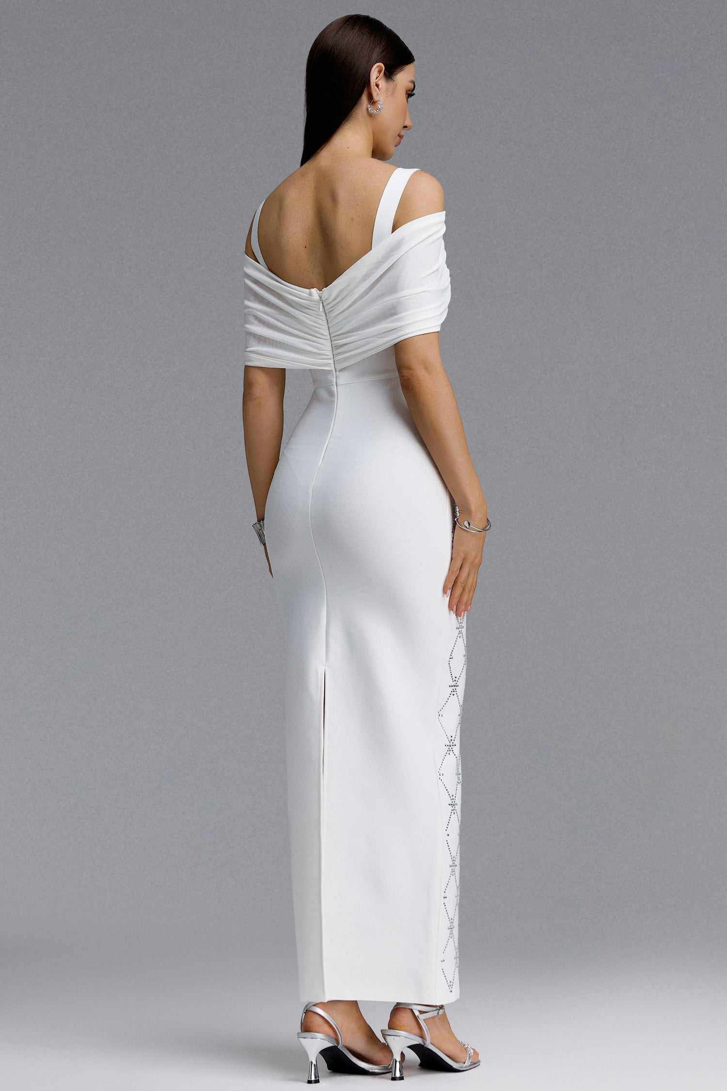 Zambezi Chic Contour Off Shoulder Twist Rhinestone Lattice Bandage Maxi Dress