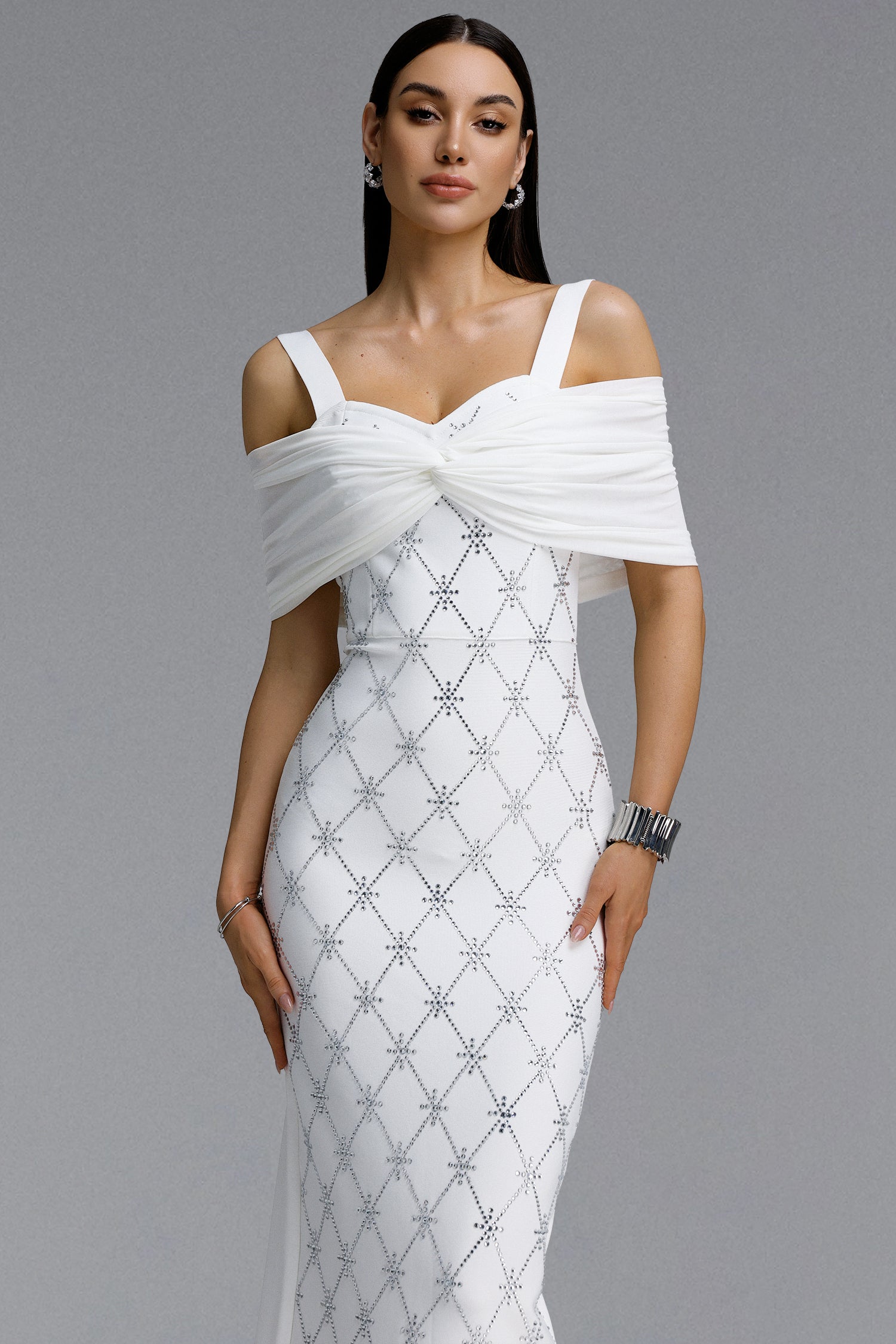Zambezi Chic Contour Off Shoulder Twist Rhinestone Lattice Bandage Maxi Dress