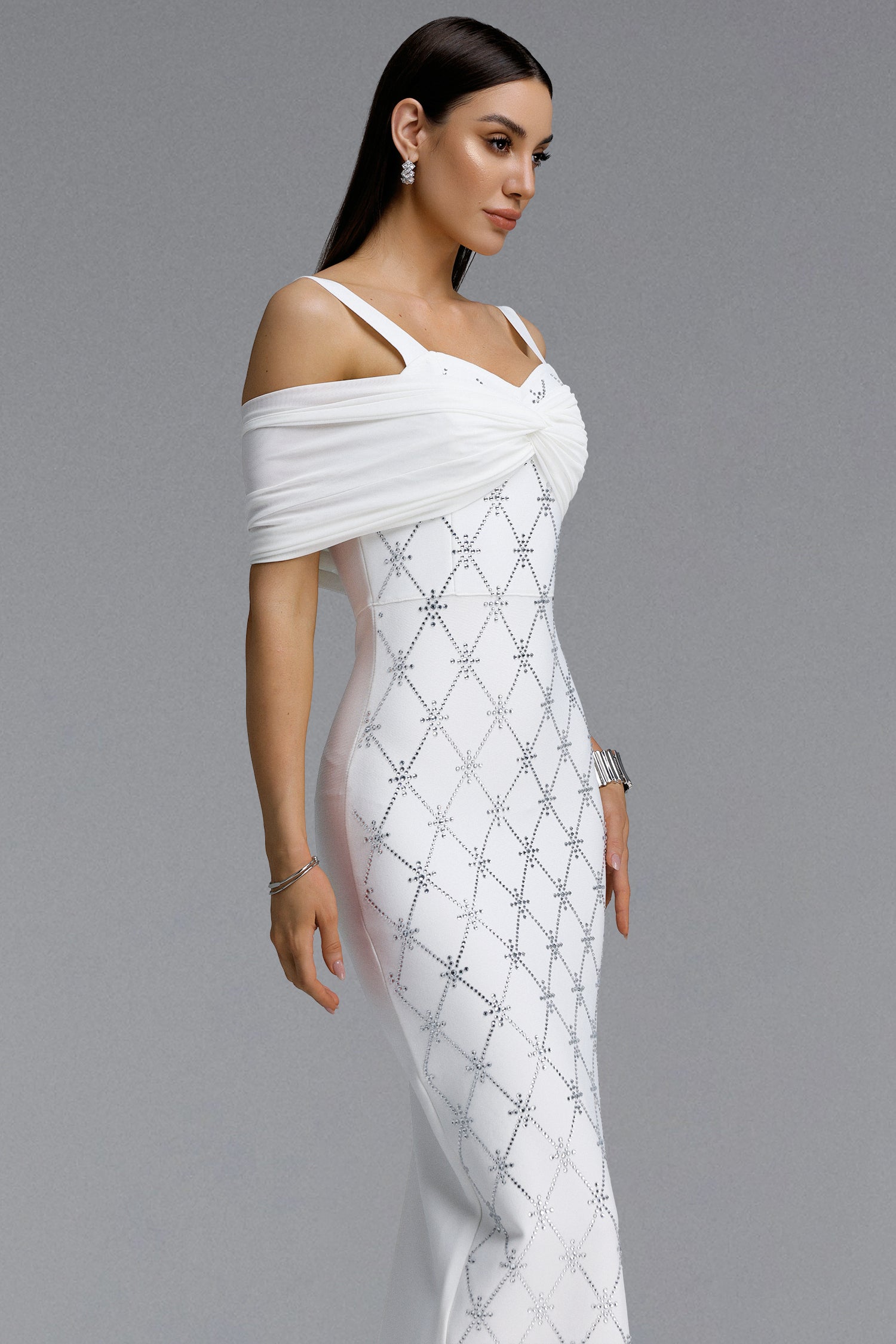 Zambezi Chic Contour Off Shoulder Twist Rhinestone Lattice Bandage Maxi Dress