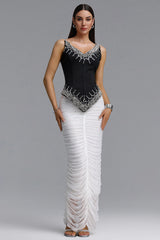 Temaie Luxurious Contour Spaghetti Strap V Neck Rhinestone Ruched Two Piece Maxi Dress