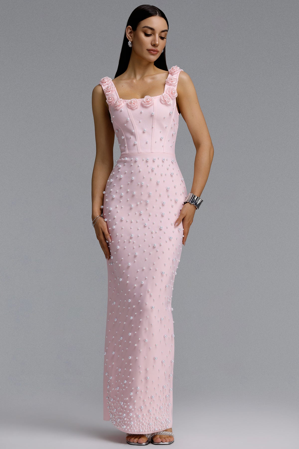 Shea Elegant Contour Square Neck Floral Pearl Bandage Pink Maxi Dress