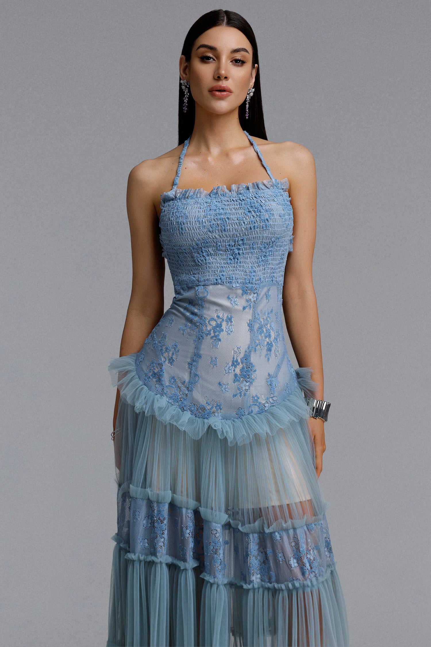 Stacy Romantic Contour Halter Floral Lace Tulle Maxi Blue Dress