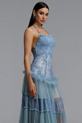 Stacy Romantic Contour Halter Floral Lace Tulle Maxi Blue Dress