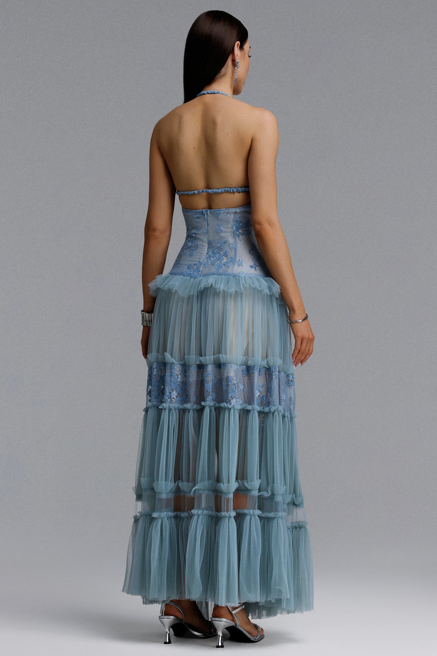 Stacy Romantic Contour Halter Floral Lace Tulle Maxi Blue Dress
