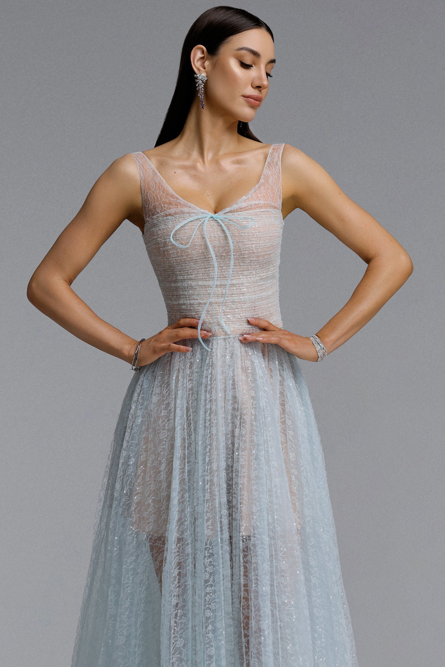 Geralynne Romantic Contour Spaghetti Strap Ruched Tie Sparkle Tulle Maxi Dress