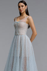 Geralynne Romantic Contour Spaghetti Strap Ruched Tie Sparkle Tulle Maxi Dress