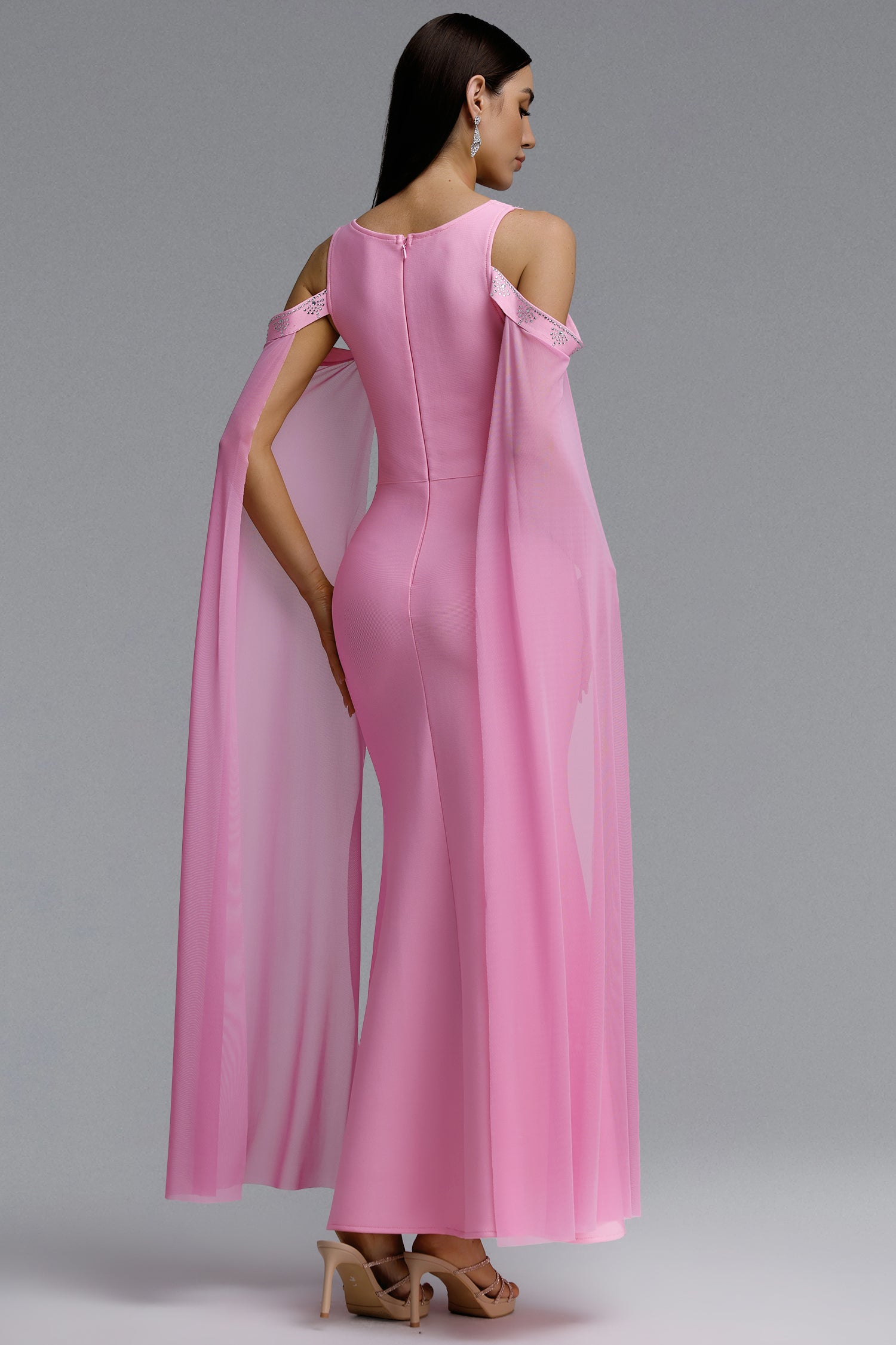 Kawko Romantic Contour Wide Strap Square Neck Symmetric Rhinestone Chiffon Cape Slit Bandage Maxi Dress