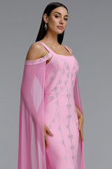 Kawko Romantic Contour Wide Strap Square Neck Symmetric Rhinestone Chiffon Cape Slit Bandage Maxi Dress