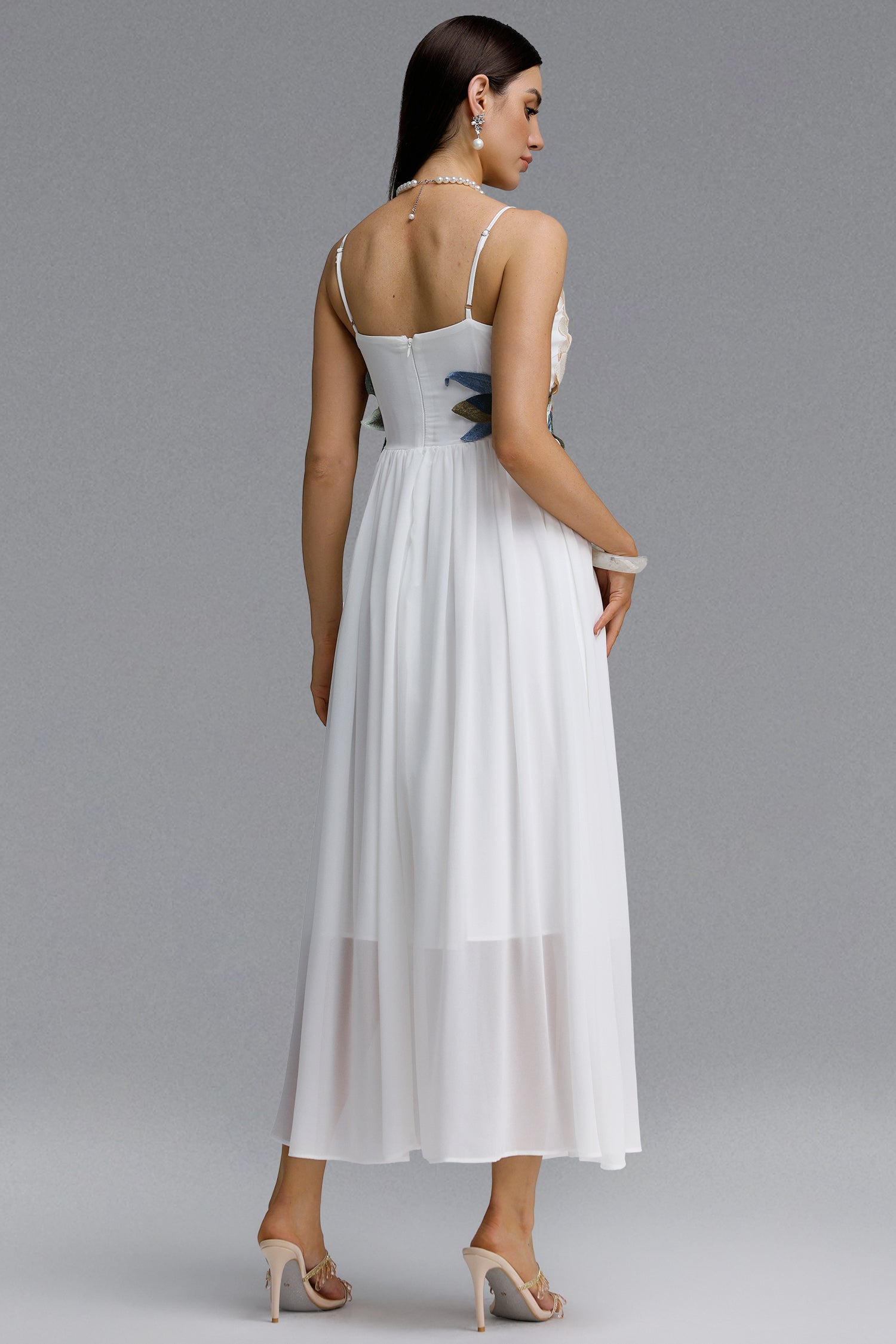 Takada Romantic Contour Spaghetti Strap Floral Chiffon White Maxi Dress