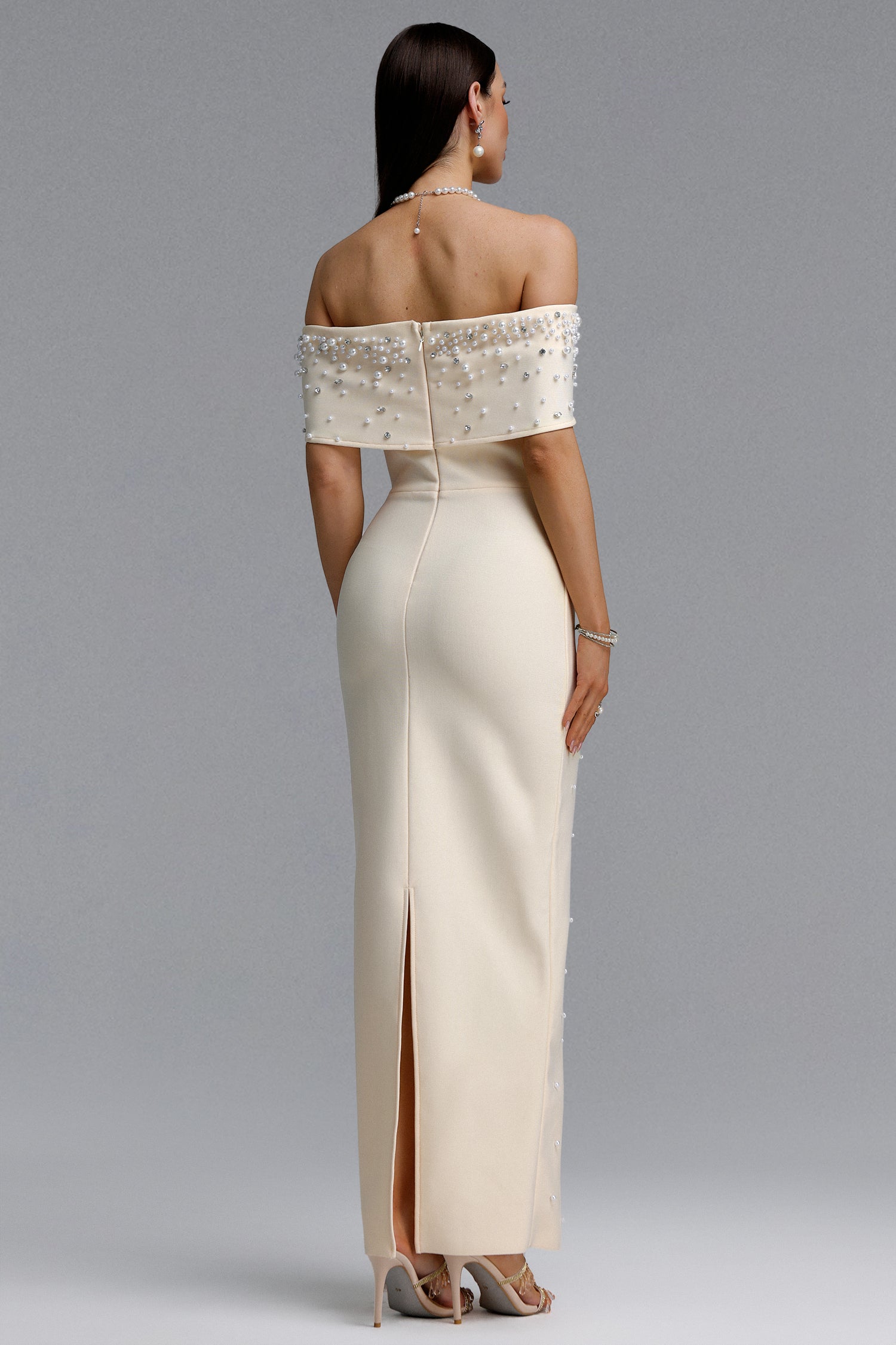 Isme Elegant Contour Off Shoulder Pearl Rhinestone Bandage Light Beige Maxi Dress