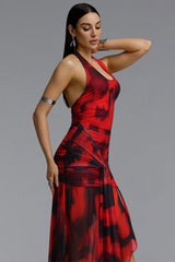 Kimivi Contour Halter U Neck Floral Print Knotted Maxi Dress