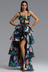 Pale Chic Flowy Halter Cut Out Floral Print Ruffle Green Maxi Dress