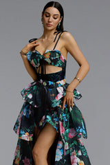 Pale Chic Flowy Halter Cut Out Floral Print Ruffle Green Maxi Dress
