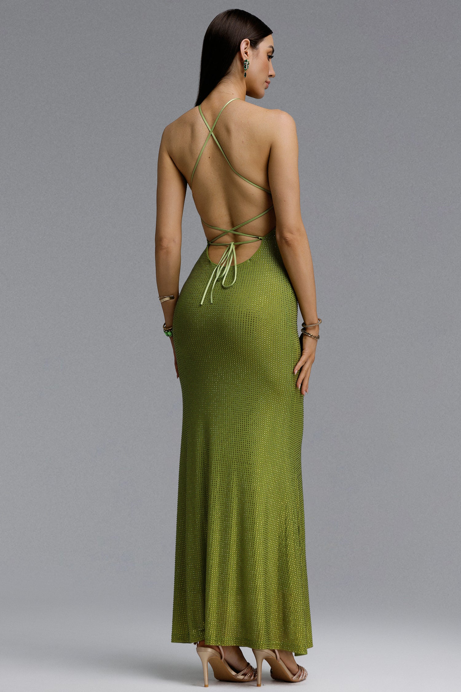 Nailah Edgy Contour Twist Halter Cut Out Full Sequin Fluorescent Maxi Dress