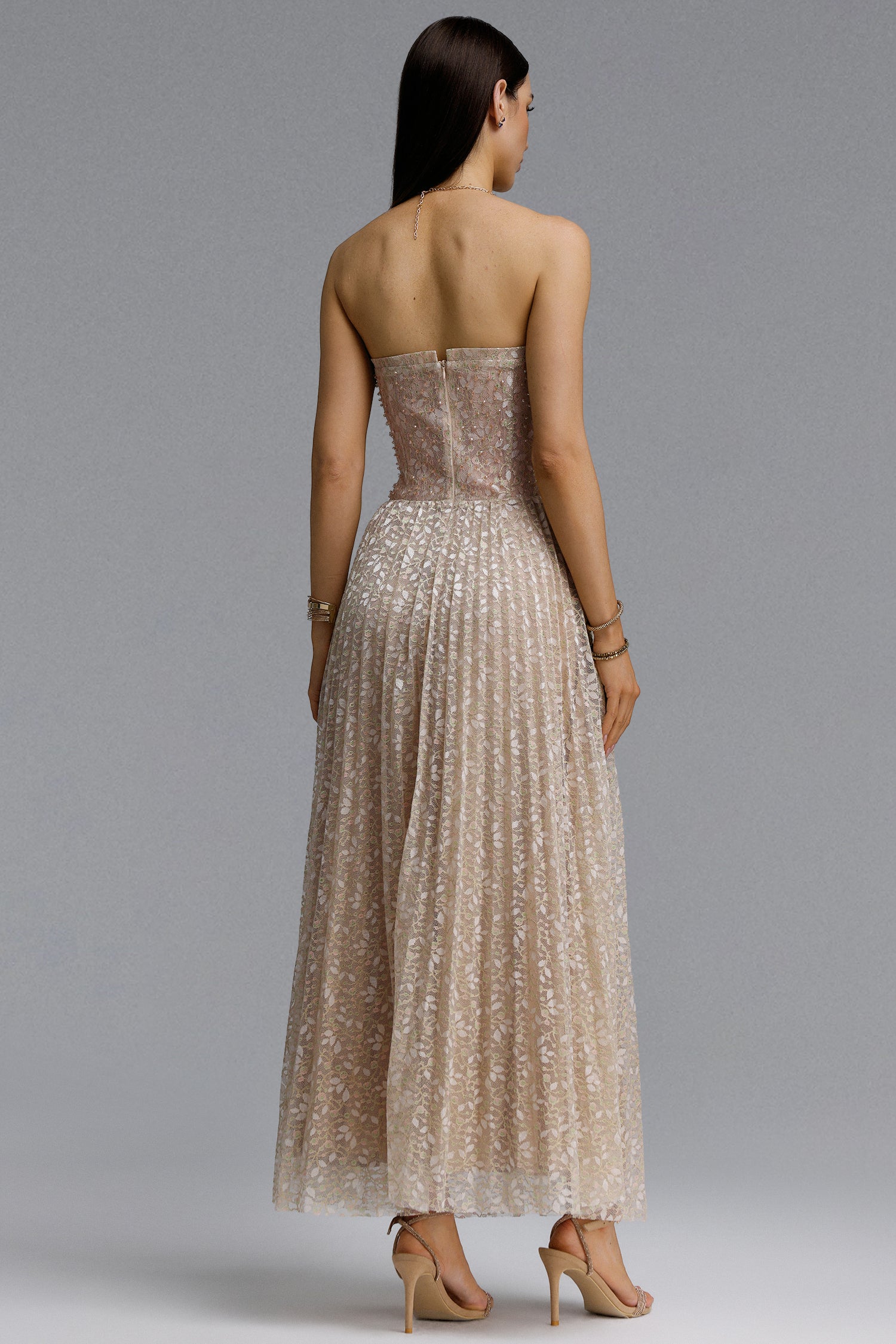 Elissa Romantic Contour Strapless Rhinestone Floral Lace Maxi Dress