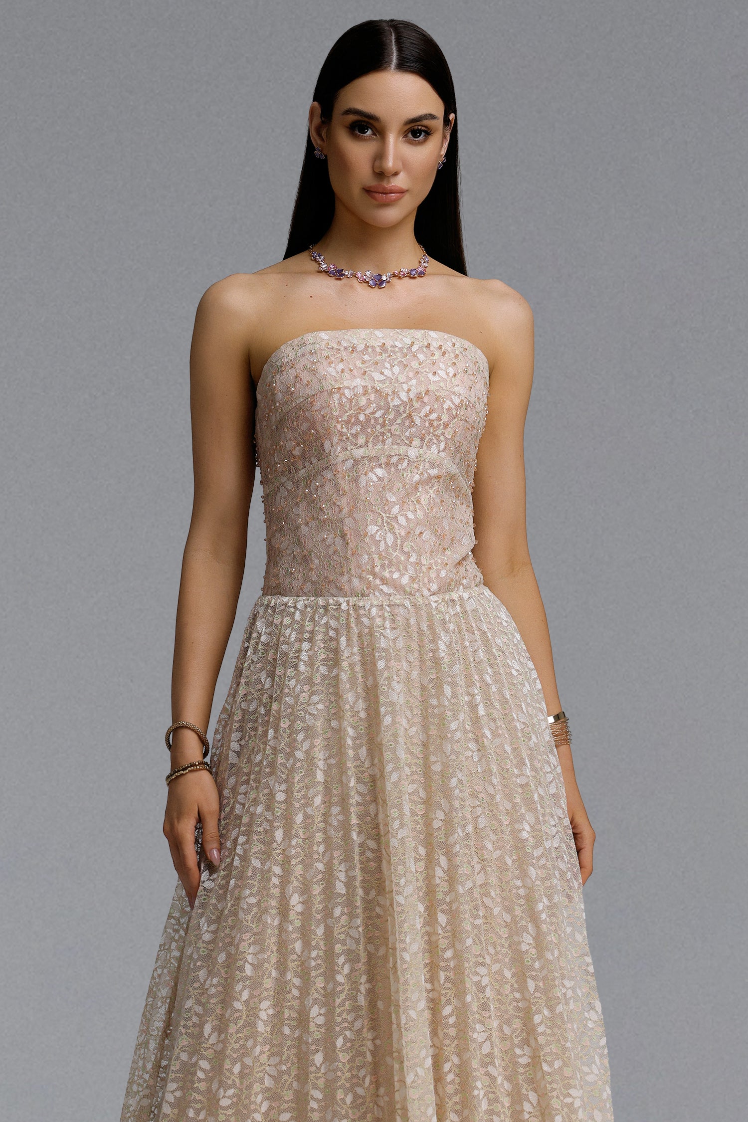 Elissa Romantic Contour Strapless Rhinestone Floral Lace Maxi Dress