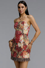 Garina Vintage Contour Strapless Floral Tapestry Tassel Mini Dress