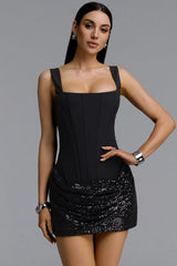 Quiana Chic Tailored Square Neck Pleated Mini Dress