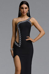 Ikala Chic Contour One Shoulder Rhinestone Cut Out High Slit Bandage Maxi Dress