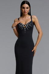 Zaina Chic Contour Spaghetti Strap V Neck Diamond Bandage Black Maxi Dress