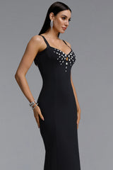 Zaina Chic Contour Spaghetti Strap V Neck Diamond Bandage Black Maxi Dress
