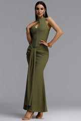 Sukia Chic Form-Fitting High Neck Cutout Draped Tie Sleeveless Mermaid Maxi Dress