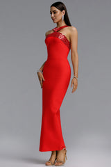 Riza Chic Contour Halter Rhinestone Bandage Red Maxi Dress