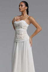 Yuyo Elegant Cinched Spaghetti Strap Floral Lace Trimmed Tulle Top and Skirt Two Piece Set