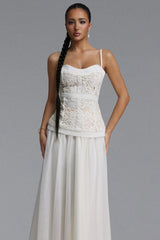 Yuyo Elegant Cinched Spaghetti Strap Floral Lace Trimmed Tulle Top and Skirt Two Piece Set