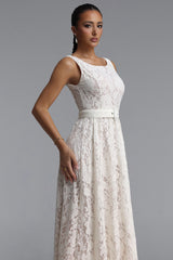 Verna Elegant Cinched Round Neck Sleeveless Floral Lace Maxi Dress