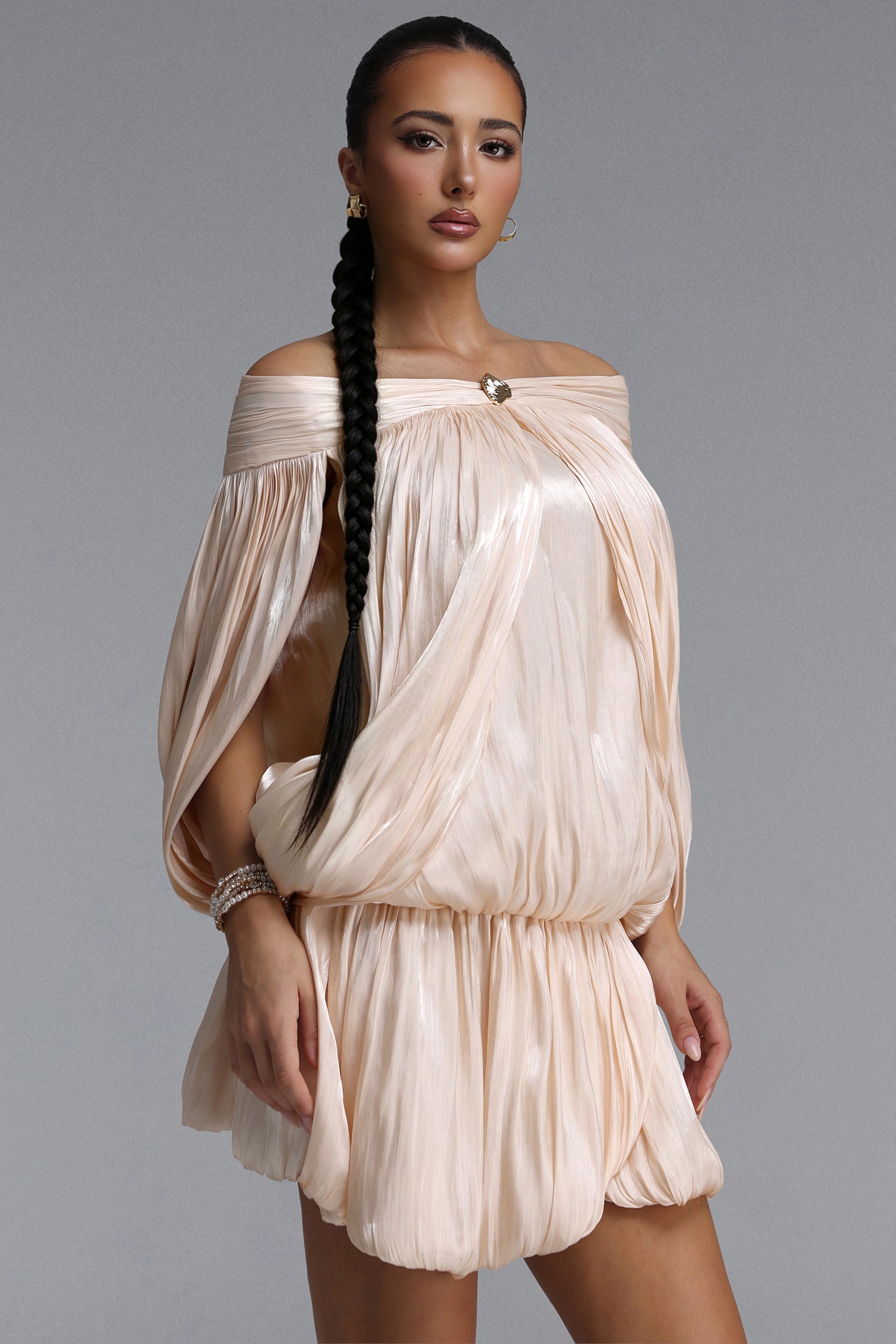 Fawn Resort Flowy Off Shoulder Shimmer Satin Mini Dress