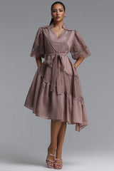 Kila Resort Flowy V Neck Puff Sleeve Woven DustyRose Mini Dress
