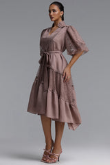 Kila Resort Flowy V Neck Puff Sleeve Woven DustyRose Mini Dress