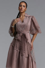 Kila Resort Flowy V Neck Puff Sleeve Woven DustyRose Mini Dress