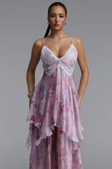 Yuni Resort Flowy Spaghetti Strap Lace Trimmed Asymmetric Ruffle Woven Maxi Dress
