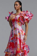 Wenie Printed V-Neck Folds Layered Maxi Dress