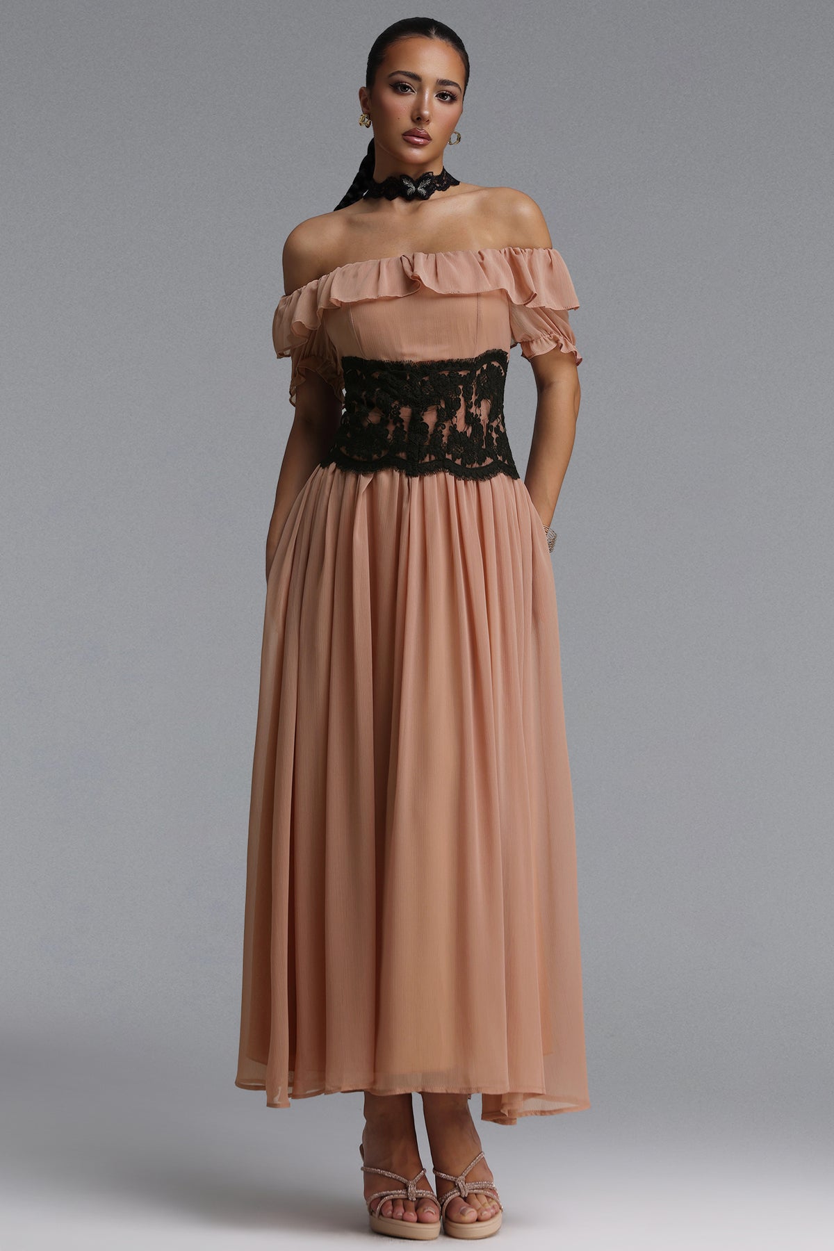 Lorin Resort Flowy Off Shoulder Ruffle Lace Trimmed Chiffon Maxi Dress